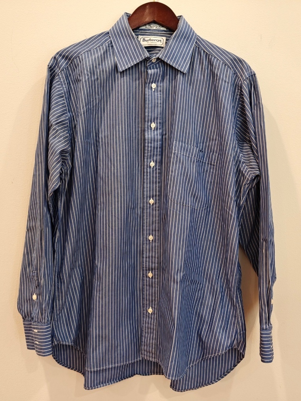 Vintage Burberrys Shirt Mens 16 34 Dusty Blue Cotton Striped USA Button Down Lux